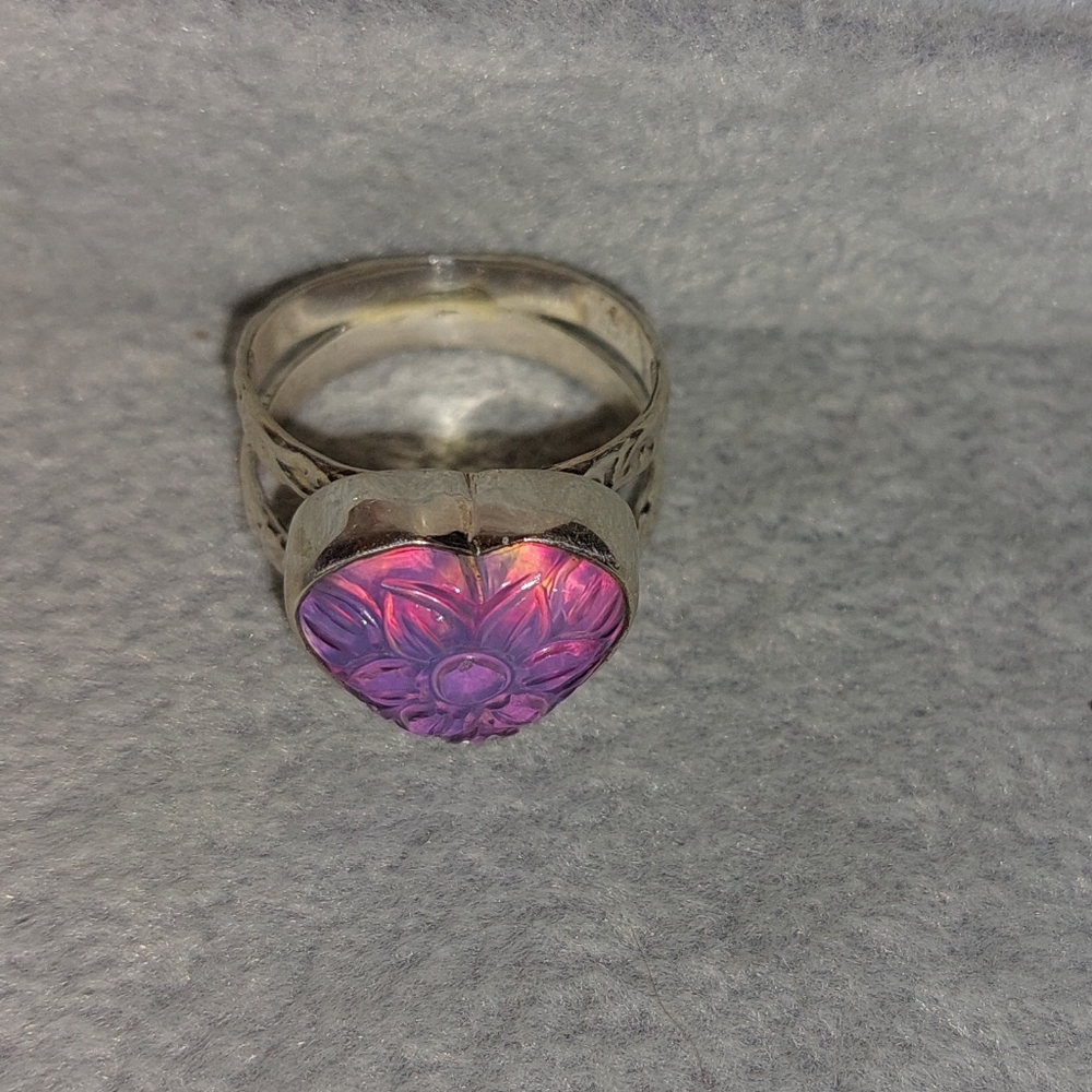 Aurora Opal Carved Heart Shaped Ring Sterling Silver - Picture 8 of 8